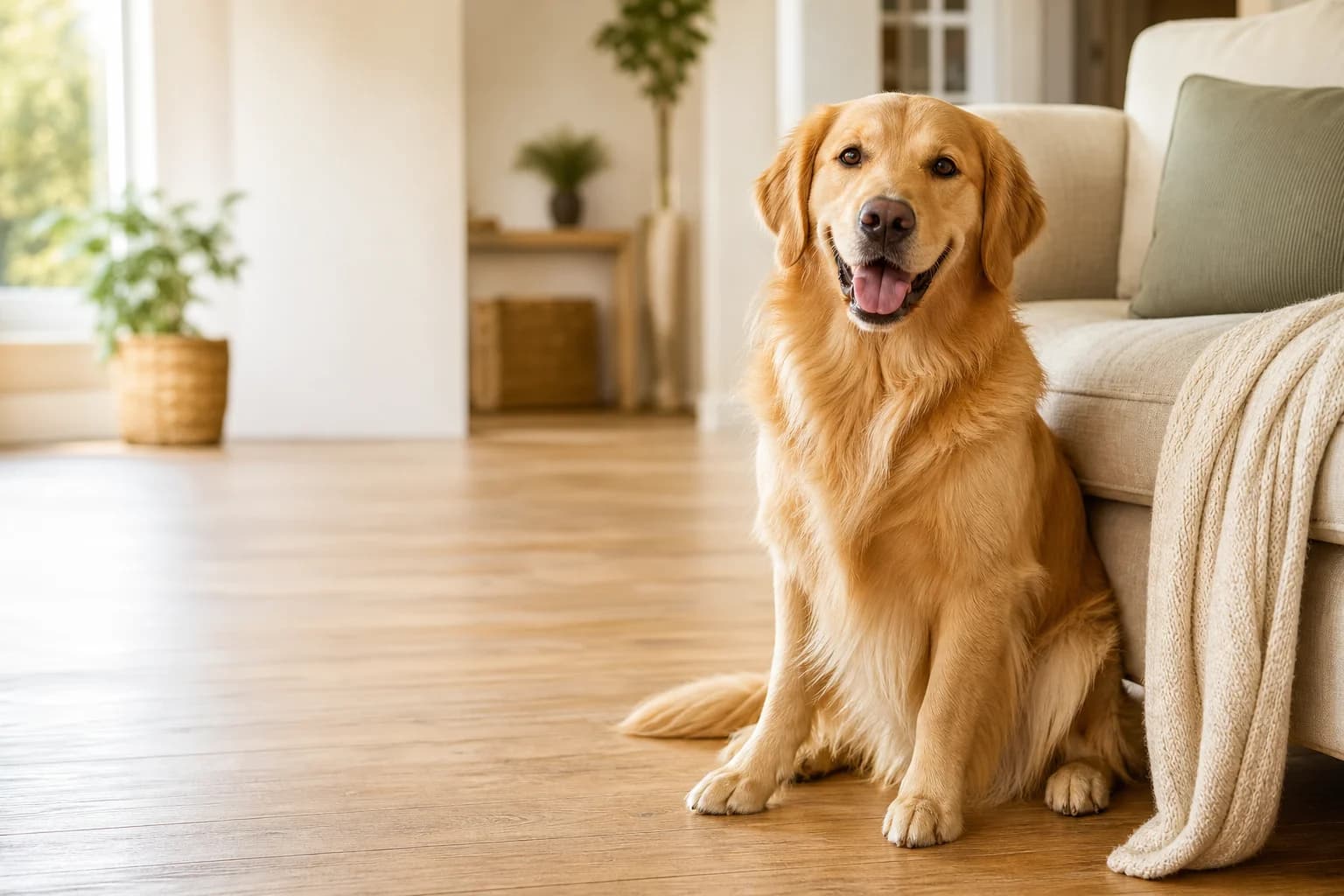 A golden retriever sitting on a sunny living room floor