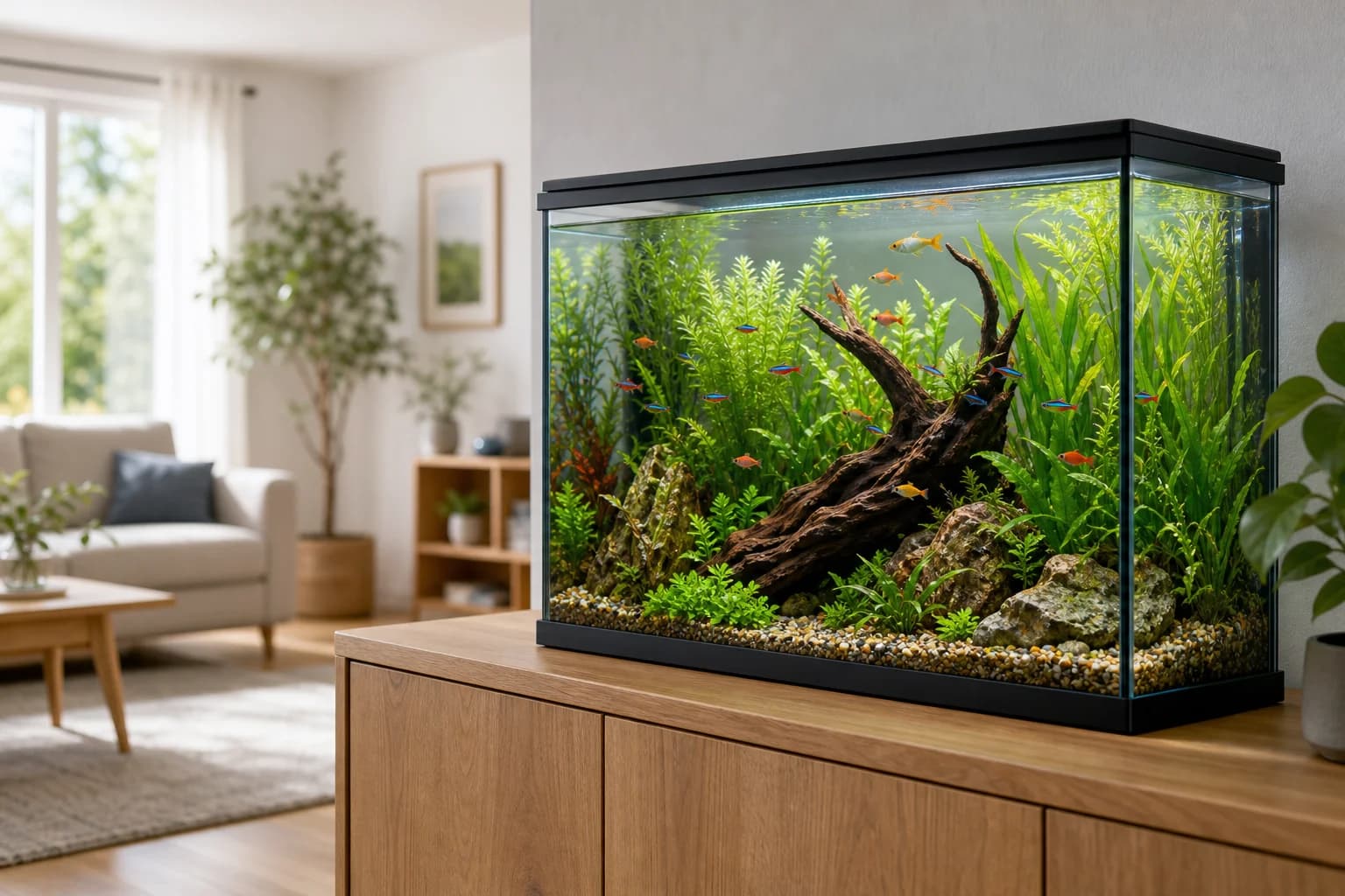 A planted freshwater aquarium with tropical fish