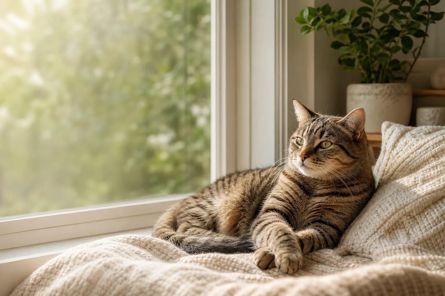 A tabby cat relaxing on a cosy window seat