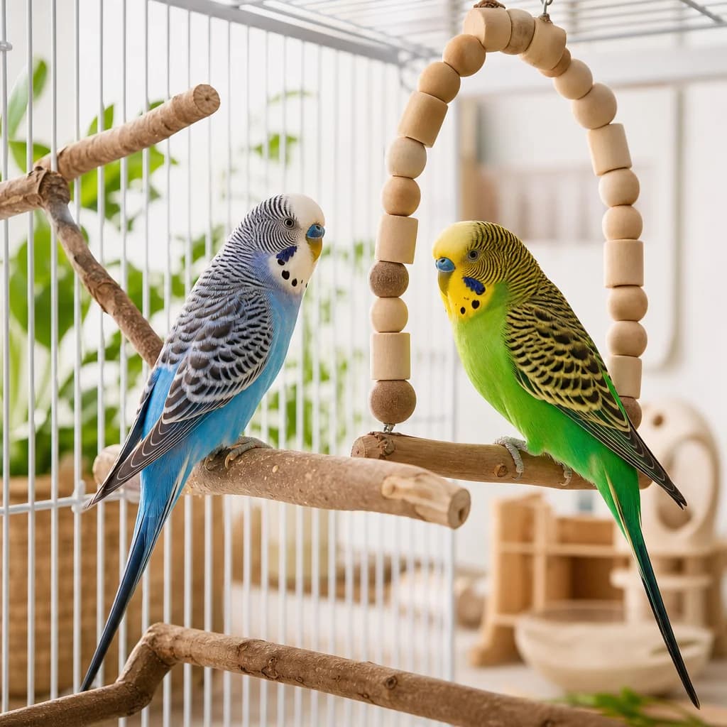 Budgies perched in a cage